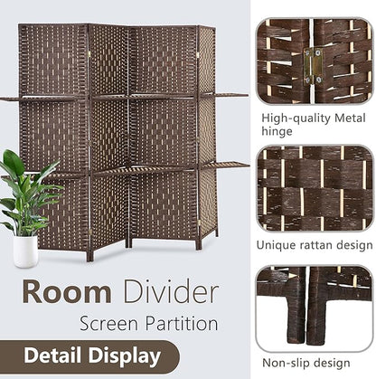 FDW Room Divider 4 Panel Wooden Screen Folding Portable Partition Screens Wood with Removable Storage Shelves Color, Dark Brown