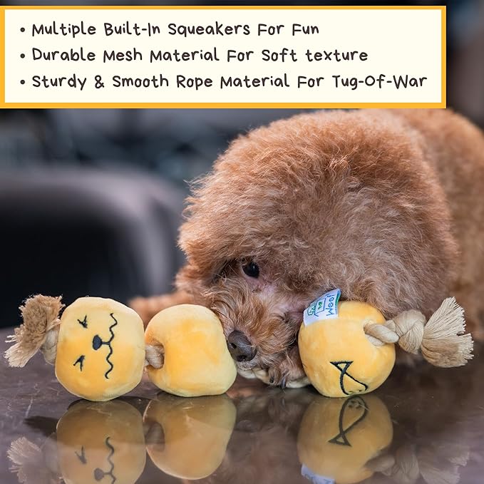 Curry Fishball Soft Plush Squeaky Dog Pull Toy - Durable, Iconic, Cute & Fun Rope Toy for Interactive Bonding Time, Sliding Mechanism, Hide Food for Puzzle Play, Small Medium Dogs-Mewly Pet