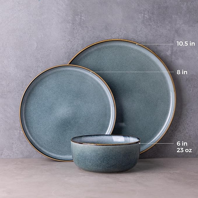 GBHOME Ceramic Dinnerware Sets for 4, 12 Pieces Stoneware Plates and Bowls Sets, Reactive Glaze Dishes -Scratch Resistant, Dishwasher&Microwave Safe, Space Blue-Mewly Pet