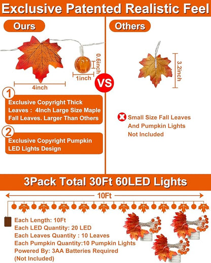3 Pack Thanksgiving Decorations Fall Garland with Pumpkin Lights & Enlarged Maple Fall String Lights Pumpkin Decor, 30Ft 60LED Waterproof Battery Operated Christmas Fall Thanksgiving Decor for Home