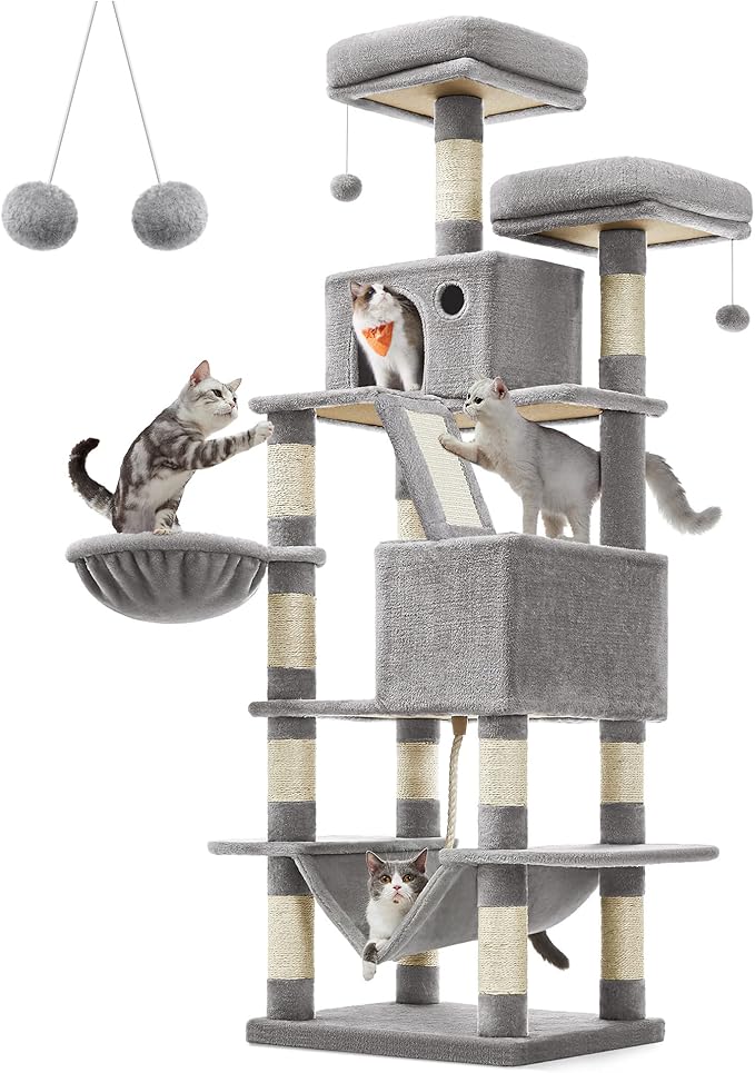 Feandrea Cat Tree, 66.1-Inch Large Cat Tower with 13 Scratching Posts, 2 Perches, 2 Caves, Basket, Hammock, Pompoms, Multi-Level Plush Cat Condo for Indoor Cats, Light Gray UPCT165W01-Mewly Pet