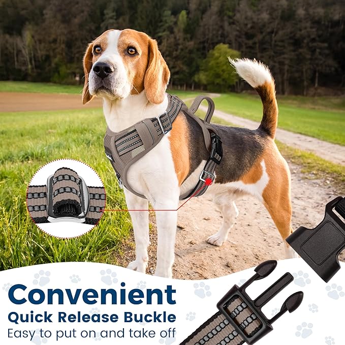 Funfox Dog Harness No Pull, Adjustable Pet Vest Harness, Super Soft Material with Vertical Handle Easy Control, Reflective Night Walking, 2 Leash Clips for Large Dogs, Camo Brown, L-Mewly Pet