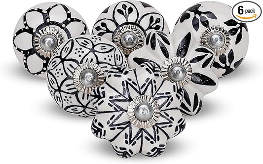 Cabinet Knobs Assorted knobs for cabinets and Drawers Black & White Cupboard Wardrobe Furniture Door Pull Handles for Dresser Kitchen Wardrobes Boho Home Interior Decor -Pack of 6