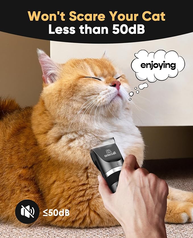 oneisall Quiet Cat Clippers for Matted & Long Hair, 2-Speed Cordless Pet Shaver Grooming Kit for Cats, Small Dogs & Animals (Black)-Mewly Pet