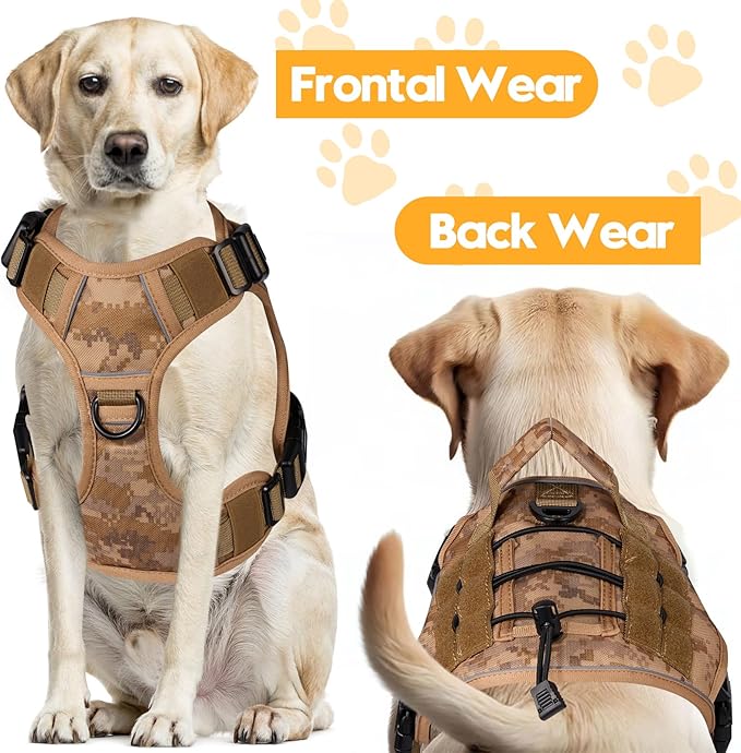 Heavy-Duty Tactical Dog Harness for Large Dogs, No Pull Adjustable Reflective Pet Vest with Molle System, K9 Military-Grade Control for Service Training, Outdoor & 10+ Breeds, Khaki Camo, Small-Mewly Pet