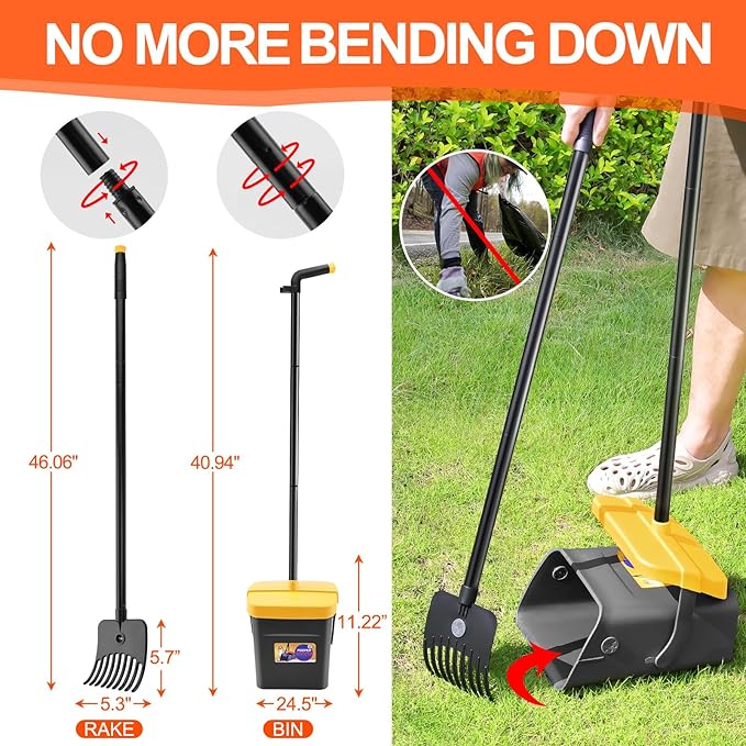 LANNEY Pooper Scooper - 46" Long Adjustable Handle Dog Pooper Scooper, Swivel Bin, Rake and 35 Waste Bag, Heavy Duty Poop Scooper for Large Medium Small Yard Dog Pet-Mewly Pet