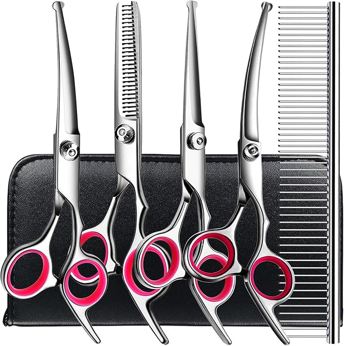 6 in1 Professional Dog Grooming Scissors Kit, Dog Shears for Grooming with Safety Round Tips, Titanium Coated Grooming Scissors for Dogs Cat Pet At Home-Mewly Pet