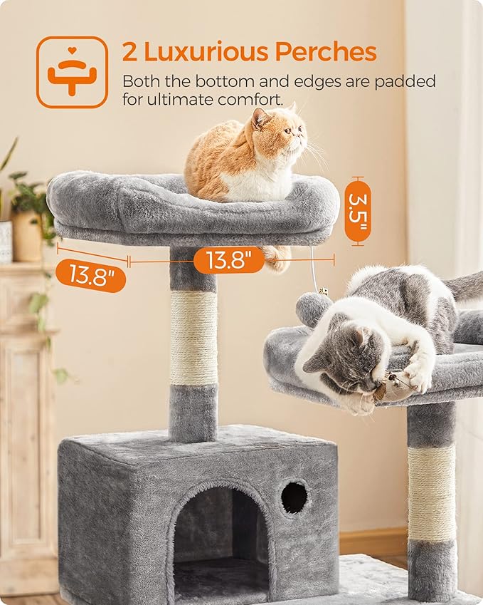 FEANDREA Cat Tree, Cat Tower for Indoor Cats, 56.3-Inch Cat Condo with Scratching Posts, Hammock, Plush Perch, Light Gray UPCT15W-Mewly Pet