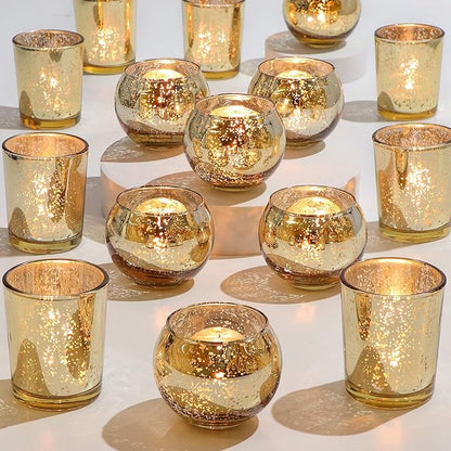 DEVI 24pcs Assorted Gold Votive Candle Holders, Mercury Glass Candle Holder, Diwali Decorations, Gold Wedding Centerpieces for Tables, Gold Bridal Shower PartyTable Decorations