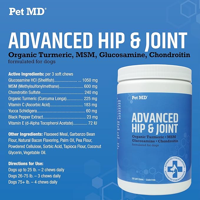 Pet MD Glucosamine for Dogs | Dog Joint Supplement with Glucosamine, Chondroitin & MSM - Inflammatory Pain Relief Chews for Hip & Joints - Bacon Flavored - Includes Yucca & Turmeric - 120 Ct-Mewly Pet