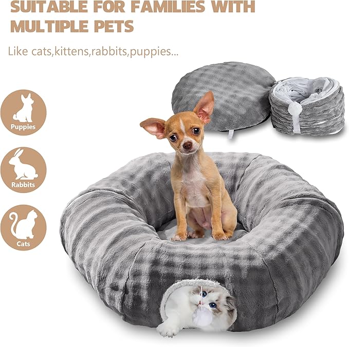Bubble Cat Tunnel for Indoor Cats, Round Peekaboo Cave Toy with Dangling Balls, Donut Tunnel Bed with Circle Mat for Puppy Kitten Rabbit, Grey-Mewly Pet