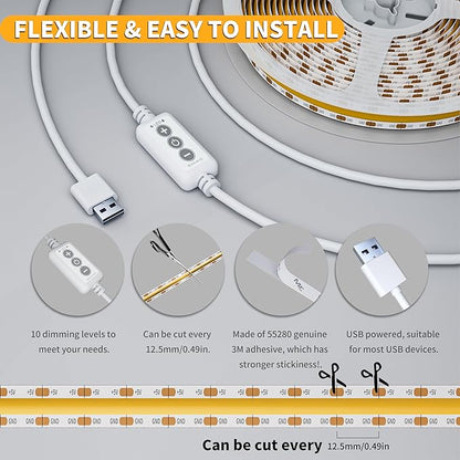 PAUTIX 5V USB LED Strip Light 6.56ft/2m, 640LEDs 1200lm Dimmable COB LED Strip 6000K Daylight White CRI90+ USB Powered Backlight for Sewing Machine,Mirror, Cabinet, Wardrobe, DIY Lighting Project