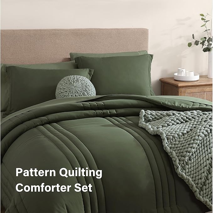 Monbix California King Size Comforter Set - 7 Pieces Bed in a Bag California King, Olive Green Bedding Sets, All Seasons Down Alternative Comforter Bed Set with Sheets, Pillowcases & Shams