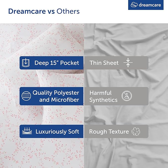 DREAMCARE Queen Size Sheets - Cooling Bed Sheets - 4pcs Set - Queen Sheet Set - Sheets Queen Size Bed - Queen Size Sheet Sets - Soft & Long Lasting 100% Fine Brushed Floral Sheets - Floral Blue
