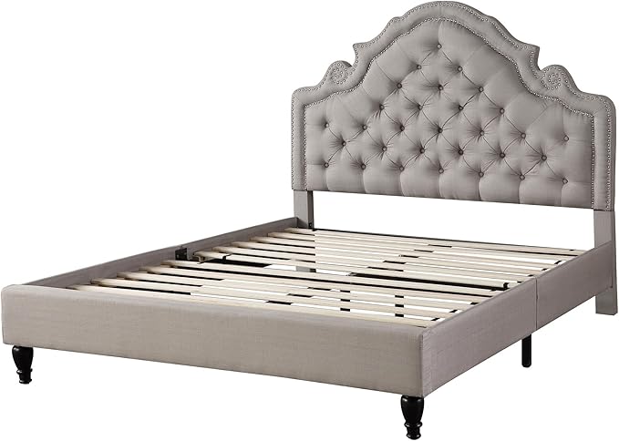 HomeLife Premiere Classics 51" Tall Platform Bed with Cloth Headboard and Slats - Queen (Light Grey Silver)
