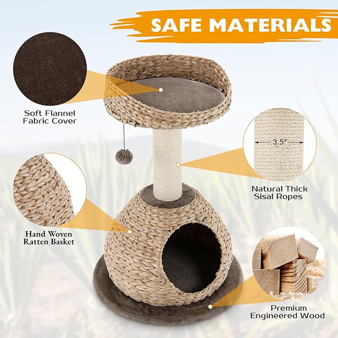 Tangkula Modern Cat Tree, Small Cat Tower with Natural Sisal Scratching Post, Hand-Made Wicker Cat Condo & Top Perch, Funny Hanging Toy Ball, Cute Cat Tree Tower for Indoor Cats-Mewly Pet