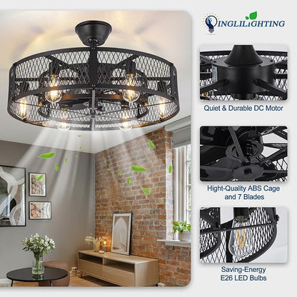 DLLT Caged Ceiling Fan with Lights: 26" Bladeless Fandelier with Light and Remote - Black Industrial Chandelier Fan Light for Bedroon Living Dining Room Kitchen