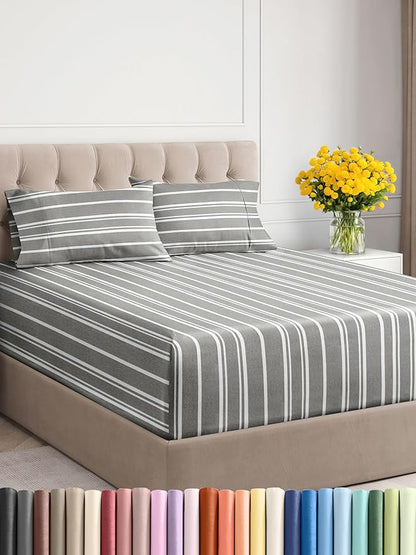 Extra Deep Twin Sheet Set - 4 Piece Breathable and Cooling Sheets - Hotel Luxury Bed Sheets Set - Easy Fit - Soft, Wrinkle Free and Comfy Sheets Set - Grey Striped Sheet Set with Extra Deep Pockets