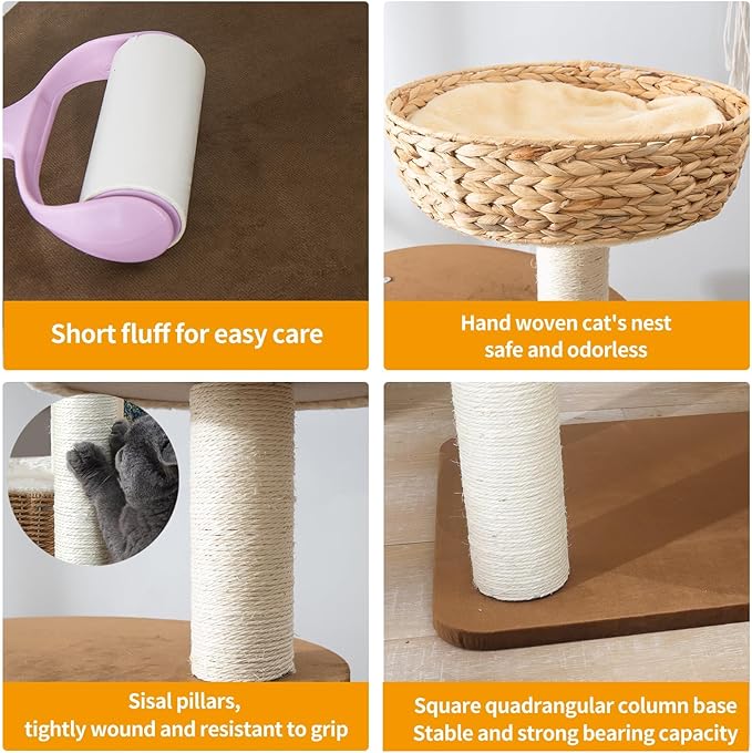 Large Wood Cat Tree Tower for Indoor Cats, Multi-Cats Scratching Post & Cat Condo with Handwoven Cat House Basket, Thick Sisal Posts, Modern Stable Cats Tower Furniture-Mewly Pet