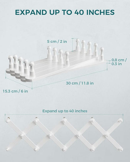 OROPY Wood Accordion Wall Hanger, Expandable Coat Rack Wall Mount with 14 Pegs, Expanding Hat Rack for Wall White