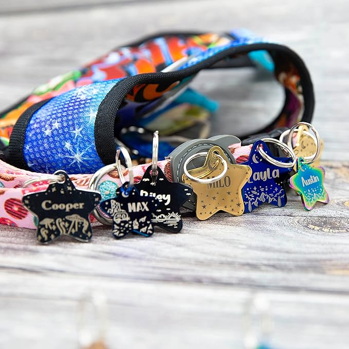Personalized Dog Tag with 5 Lines of Custom Deep Engraved Durable Stainless Steel Pet ID Name Tag Designer Small Size Star-Mewly Pet