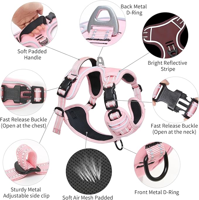 Timos Dog Harness, 3 Snap Buckles No-Pull Soft Padded Dog Vest with 2 Metal Leash Clips, Adjustable Reflective No Choke Pet Harness with Easy Control Handle for Small Dogs,Pale Pink,S-Mewly Pet