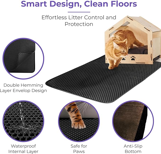 iPrimio Large Cat Litter Trapper Mat with Exclusive Urine/Waterproof Layer - Cat Litter Mat - Larger Holes with Urine Puppy Pad Option for Messy Cats - Soft on Paws and Light - 30" x 23" (Black) - 2pk-Mewly Pet