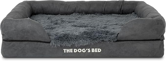 The Dog’s Bed, Large Grey Fur, Memory Foam, Pain Relief: Arthritis, Hip & Elbow Dysplasia, Post Surgery, Lameness, Supportive, Calming, Waterproof Washable Cover, Veterinary Approved-Mewly Pet