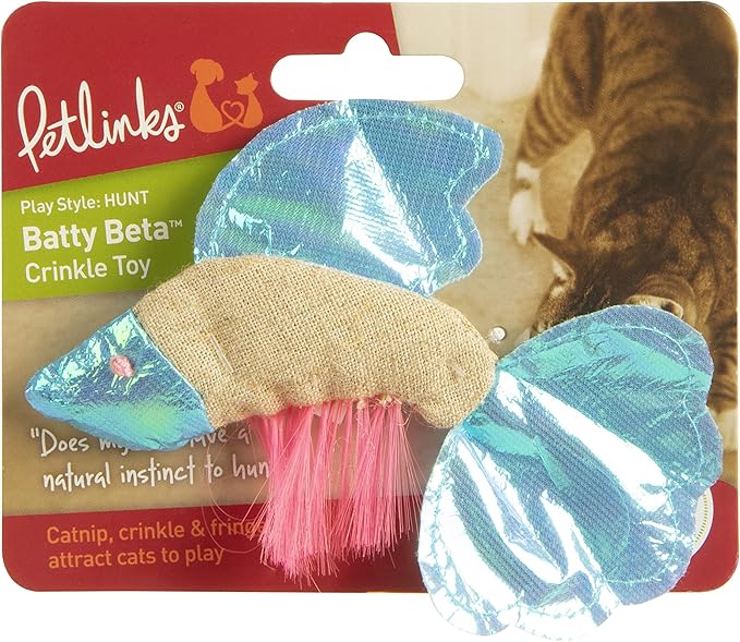 Petlinks Batty Beta Fish Crinkle Catnip Cat Toy - Tan/Blue, One Size-Mewly Pet