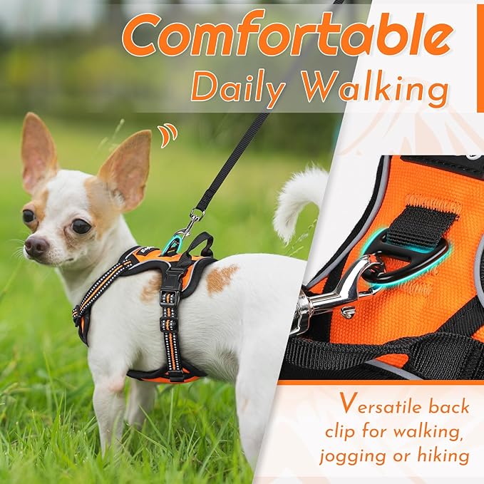 Eagloo Small Dog Harness No Pull, Service Vest with Reflective Strips and Control Handle, Adjustable and Comfortable for Easy Walking, No Choke Pet Harness with 2 Metal Rings, Orange, XS-Mewly Pet