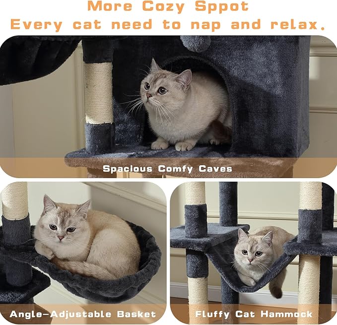 70-Inch Cat Tree,Large Cat Tree Tower with Hammock, Scratching Post, Condo and Multi-Level Cat Tower for Large Cats, Cat Activity Center Playhouse, Dark Gray LCT016-Mewly Pet