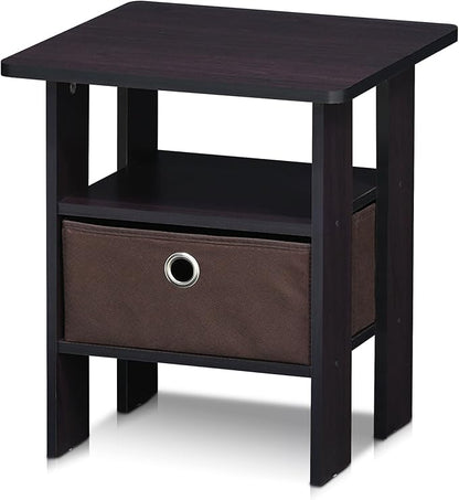 Furinno ANDREY Side Table, End Table, Night Stand with Open Shelves and Storage Bin, Bedside Table, for Living Room, Bedroom, Dark Walnut