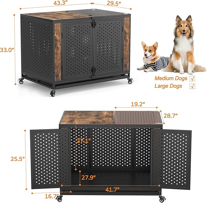 42" Heavy Duty Dog Crate Furniture for Large and Medium Dogs, Enclosed Design with 0.5 inch Holes, Indestructible Metal Kennel for High Anxiety Dogs, Chew Proof Pet House Cage Indoor, Brown-Mewly Pet