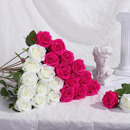 72 Pcs Hot Pink, White Artificial Roses, Bulk Fake Silk Flowers for Wedding Arch, Centerpieces, Vase Filler, Party Decor (36 Pink + 36 White)