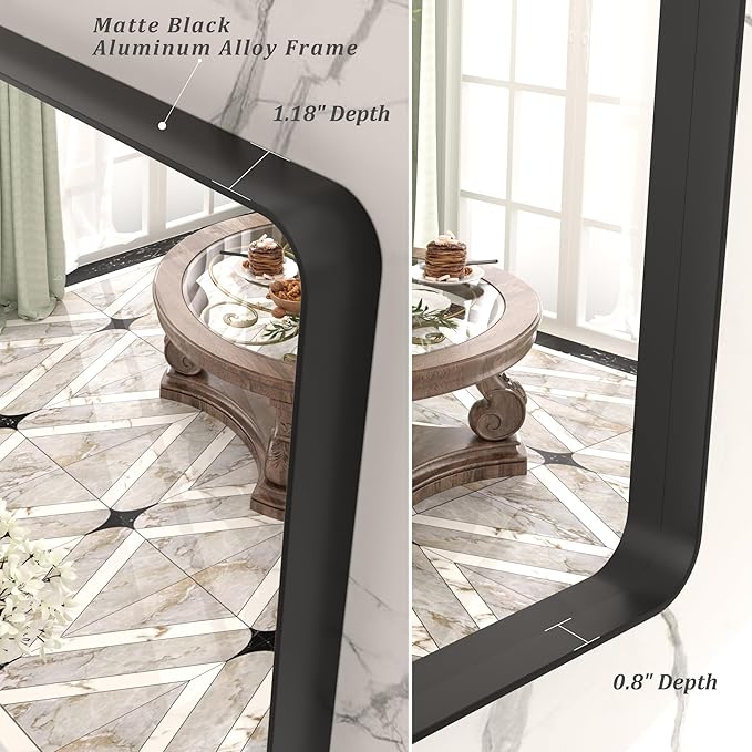 66x36 Inch Black Metal Framed Bathroom Mirror for Wall, Large Rounded Rectangle Mirror, Matte Black Bathroom Vanity Mirror, Anti-Rust, Shatterproof, Hangs Horizontally or Vertically