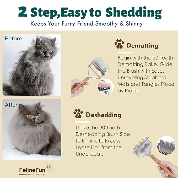 FelineFun Cat Brush for Dematting & Deshedding, 2 in 1 Undercoat Rake, Efficiently Remove Loose Hair & Matted Fur, Professional Shedding Comb for Indoor Cats & Long Haired Cats-Mewly Pet