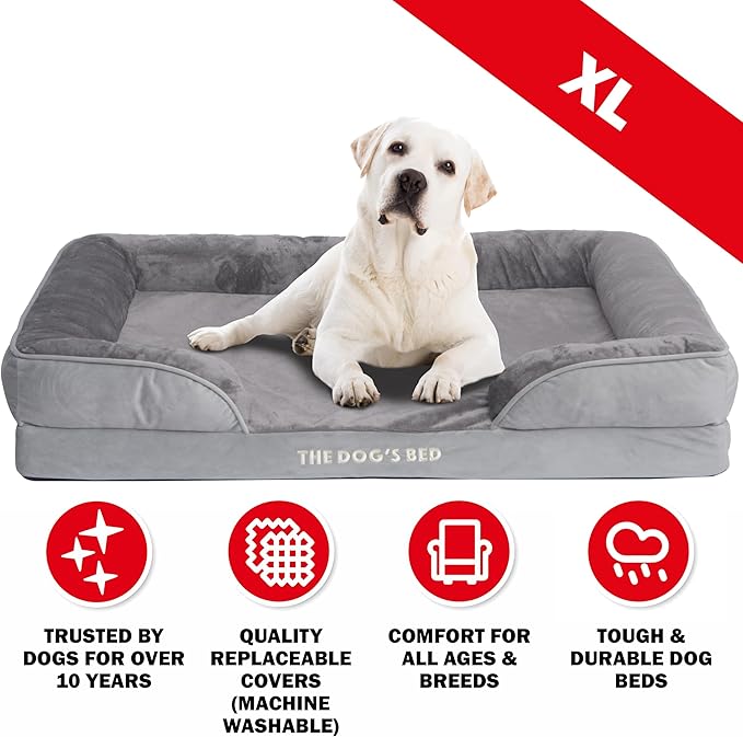The Dog’s Bed, Orthopedic Standard Foam Waterproof Dog Bed with Standard Support, XL Silver Grey Plush, Waterproof, Supportive Dog Bed with Replaceable Covers, Veterinary Approved-Mewly Pet