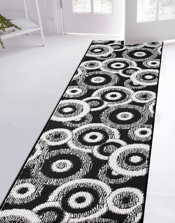 Custom Length Cut to Size Modern Farmhouse Carpet Runner Rug for Hallways, Non Slip Rubber Backed, 31 inch Wide X Customized Length, Geo Black, 31 inch X 23 feet