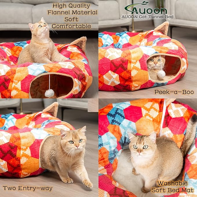 AUOON Cute Cat Donut Tunnel - Interactive Cat Tunnel Bed for Indoor Cats Kitten Kitty Puppy Rabbit Ferret (Orange)-Mewly Pet