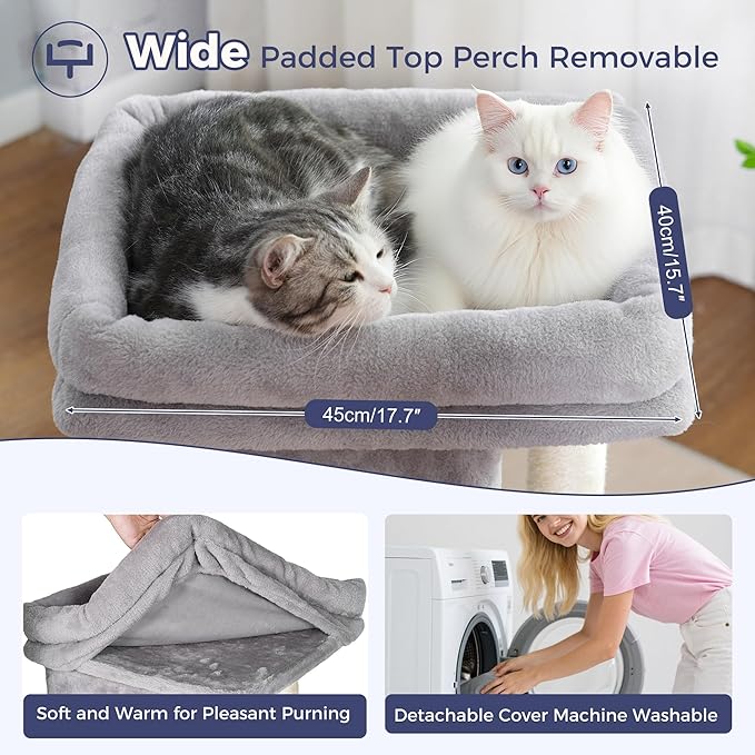 Cat Tree with Large Top Bed 17.7x15.7” Small Cat Tower with Dual Condos,28” Fully Scratching Post and Self Groomer for Indoor Cats-Grey-Mewly Pet