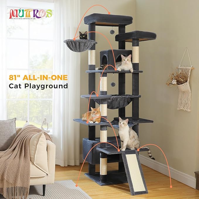 81" Heavy Duty Cat Tree for Large Cats up to 20lbs - Extra Tall Cat Tower with Metal Frame Hammock, 6 Sisal Scratching Posts, 2 Perches - Indoor Cat Furniture for Maine Coon, Dark Gray-Mewly Pet