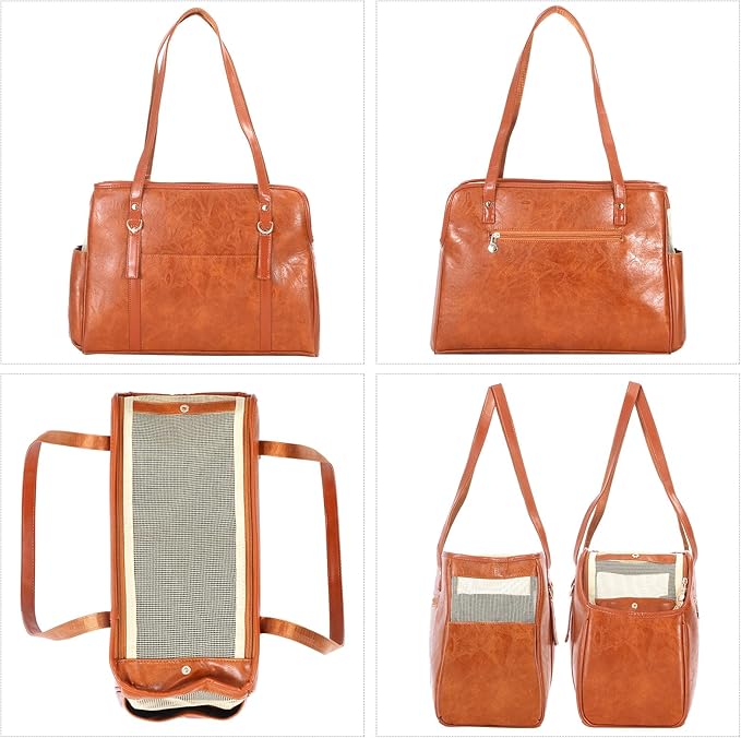 Dog Carrier Purse, Fashion Leather Pet Carrier with Pockets, Airline Approved Soft Sided Dog Carrying Bag for Puppy Cat Dog Brown-Mewly Pet