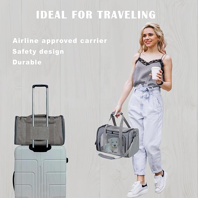 Airline Approved Soft Sided Pet Carrier for Small and Medium Dogs, Cats, and Puppies (Up to 15 lbs), Collapsible Portable Travel Bag for Dogs Cats (Grey)-Mewly Pet