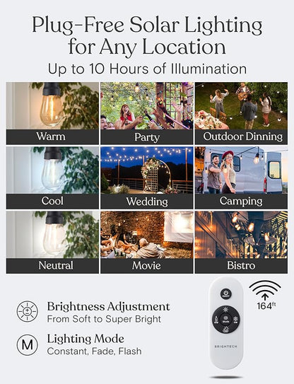 Brightech 104 (52x2) FT Ambience Pro Solar Powered Outdoor LED String Lights - Waterproof Remote Control Lights - 48 Bulbs, 7W Solar Powered Color Changing White Light for Camping, Patio, Garden