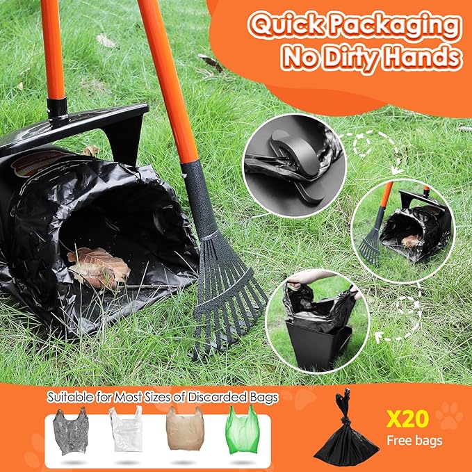SlowTon Dog Pooper Scooper - 37.4" Long Handle Adjustable Metal Swivel Bin & Rake & Spade Kit with 20 Waste Bags, Portable Pooper Scooper for Gravel Lawn Grass, Suit for Small Medium Large Dog-Mewly Pet