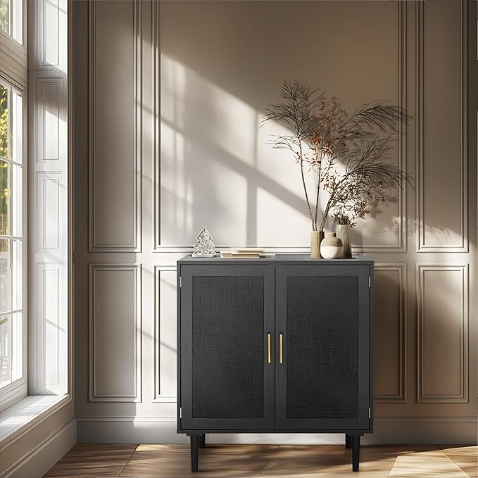 Finnhomy Sideboard Buffet Kitchen Storage Cabinet with Black Painted Rattan Decorated Doors, Dining Room, Hallway, Cupboard Console Table, Liquor/Accent Cabinet, 31.5X 15.8X 34.6 Inches, Black