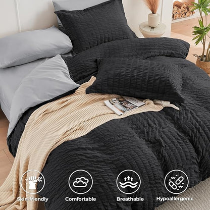 HYMOKEGE Black/Light Grey Full Size Comforter Sets Seersucker 7 Pieces, All Season Luxury Bed in a Bag for Bedroom, Bedding Set with Comforter, Sheets, Pillowcases & Shams