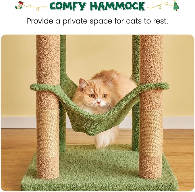 MWPO 63.8 Inches Green Cat Tree for Indoor Cats, Multi-Level Cat Tower with Sisal-Covered Scratching Posts, Padded Platform, Hammock, Dangling Toys, Stable Cat Condo Pet Play House-Mewly Pet