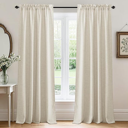 RYB HOME Living Room and Dining Room Curtains and Drapes Linen Sheer, Light Filtering Curtains 90 inches Long, Weave Textured/Rod Pocket, Cream Colored, W 52 x L 90 inches, 2 Panels Set