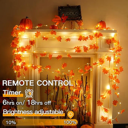 suddus Vine with Fairy Lights Battery Operated, 33ft 100 LED Maple Leaf String Lights with Remote, Dimmable Fall Garland with Lights for Bedroom Wall Indoor Outdoor Thanksgiving Decor (Warm White)